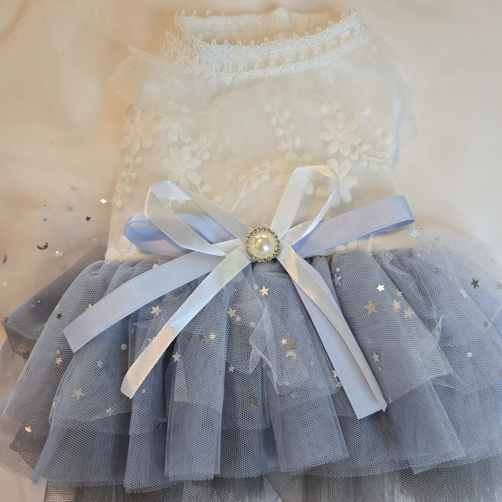 Dress For Dog White and Blue Tulle Dress with Bow - New Sz Sm